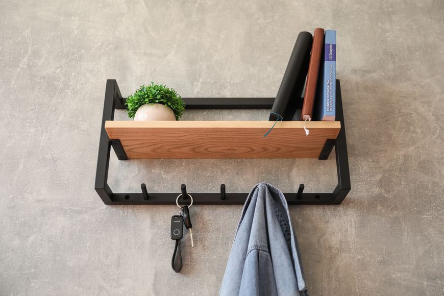 Полиця в передпокій "Welcome Shelf" 40 см, 40х15х25 см + 4 гачки, метал: темно-зелений, дерево: горіх (ML-68.2) ML-68 фото